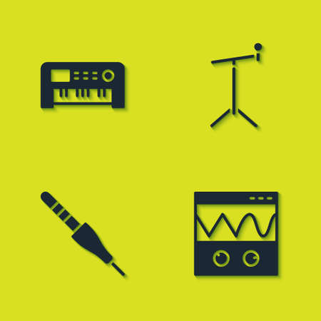 Set Music synthesizer, Oscilloscope, Audio jack and Microphone with stand icon. Vectorのイラスト素材