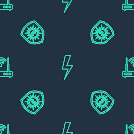 Set line Lightning bolt, UV protection and Router and wifi on seamless pattern. Vectorのイラスト素材