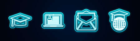 Set line Graduation cap, Laptop with resume, Mail and e-mail and globe. Glowing neon icon. Vectorのイラスト素材
