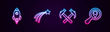 Set line Rocket ship with fire, Falling star, Two crossed hammers and Search location. Glowing neon icon. Vectorのイラスト素材