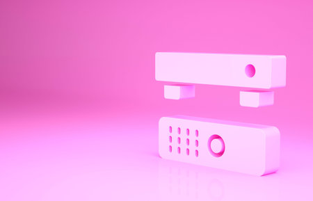 Pink Multimedia and TV box receiver and player with remote controller icon isolated on pink...