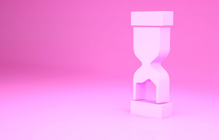 Pink Old hourglass with flowing sand icon isolated on pink background. Sand clock sign. Business and...