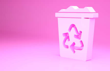 Pink Recycle bin with recycle symbol icon isolated on pink background. Trash can icon. Garbage bin sign. Recycle basket sign. Minimalism concept. 3d illustration 3D renderの写真素材
