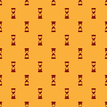 Red Old hourglass with flowing sand icon isolated seamless pattern on brown background. Sand clock...
