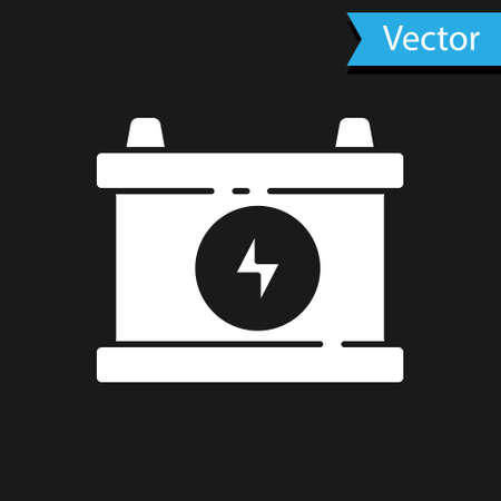 White Car battery icon isolated on black background. Accumulator battery energy power and electricity accumulator battery. Vectorのイラスト素材