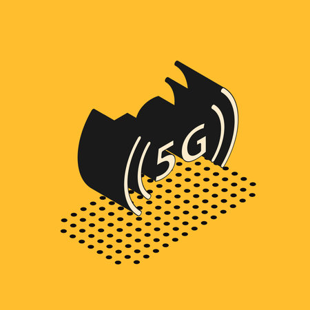 Isometric 5G new wireless internet wifi connection icon isolated on yellow background. Global...
