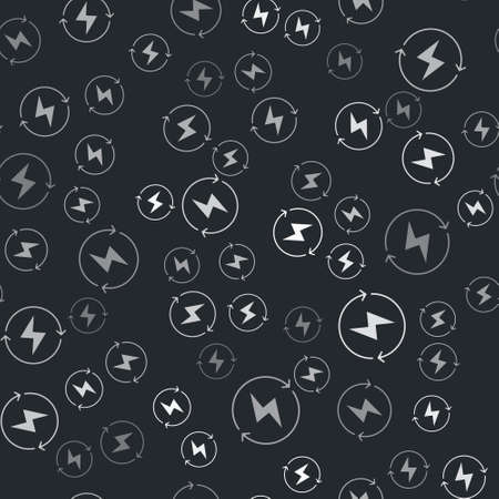 Grey Lightning bolt icon isolated seamless pattern on black background. Flash sign. Charge flash icon. Thunder bolt. Lighting strike. Vectorのイラスト素材