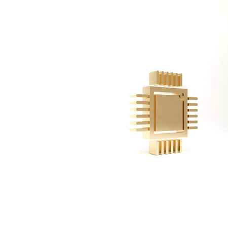 Gold Computer processor with microcircuits CPU icon isolated on white background. Chip or cpu with...