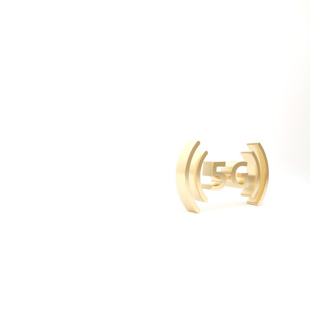 Gold 5G new wireless internet wifi connection icon isolated on white background. Global network high...