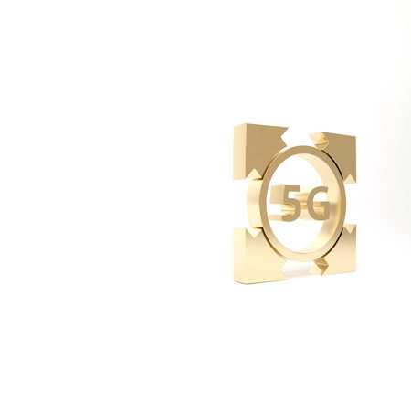 Gold 5G new wireless internet wifi connection icon isolated on white background. Global network high...