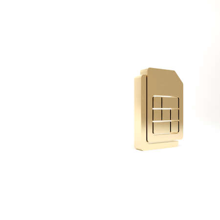 Gold Sim card icon isolated on white background. Mobile cellular phone sim card chip. Mobile telecommunications technology symbol. 3d illustration 3D renderの写真素材