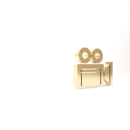 Gold Cinema camera icon isolated on white background. Video camera. Movie sign. Film projector. 3d illustration 3D renderの写真素材