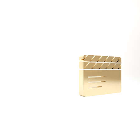 Gold Movie clapper icon isolated on white background. Film clapper board. Clapperboard sign. Cinema production or media industry. 3d illustration 3D renderの写真素材