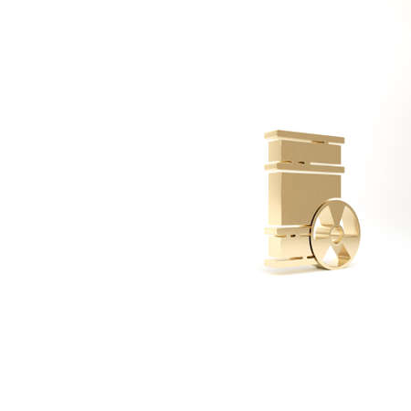 Gold Radioactive waste in barrel icon isolated on white background. Toxic refuse keg. Radioactive garbage emissions, environmental pollution. 3d illustration 3D renderの写真素材