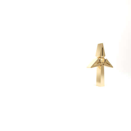 Gold Wind turbine icon isolated on white background. Wind generator sign. Windmill for electric power production. 3d illustration 3D renderの写真素材