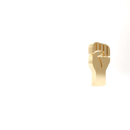 Gold Raised hand with clenched fist icon isolated on white background. Protester raised fist at a political demonstration. Empowerment. 3d illustration 3D renderの写真素材