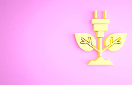 Yellow Electric saving plug in leaf icon isolated on pink background. Save energy electricity. Environmental protection. Bio energy. Minimalism concept. 3d illustration 3D renderの写真素材