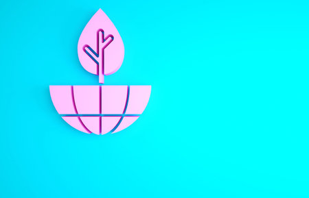 Pink Earth globe and plant icon isolated on blue background. World or Earth sign. Geometric shapes....