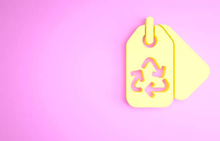 Yellow Tag with recycle symbol icon isolated on pink background. Banner, label, tag, logo, sticker for eco green. Minimalism concept. 3d illustration 3D renderの写真素材