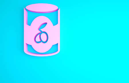Pink Olives in can icon isolated on blue background. Concept of canned food. Minimalism concept. 3d illustration 3D renderの写真素材