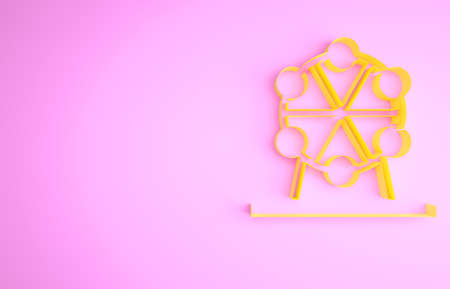 Yellow Ferris wheel icon isolated on pink background. Amusement park. Childrens entertainment playground, recreation park. Minimalism concept. 3d illustration 3D renderの写真素材