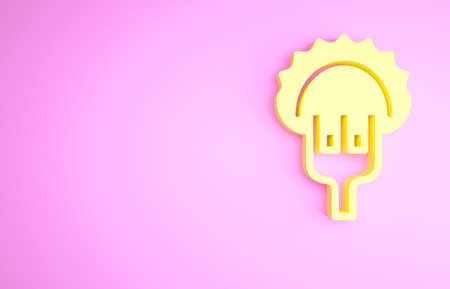 Yellow Dumplings on fork icon isolated on pink background. Pierogi, varenyky, pelmeni, ravioli. Traditional Ukrainian food. Minimalism concept. 3d illustration 3D renderの写真素材