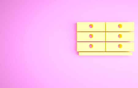 Yellow Chest of drawers icon isolated on pink background. Minimalism concept. 3d illustration 3D...