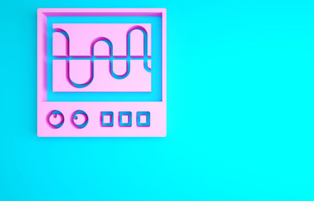 Pink Oscilloscope measurement signal wave icon isolated on blue background. Minimalism concept. 3d...
