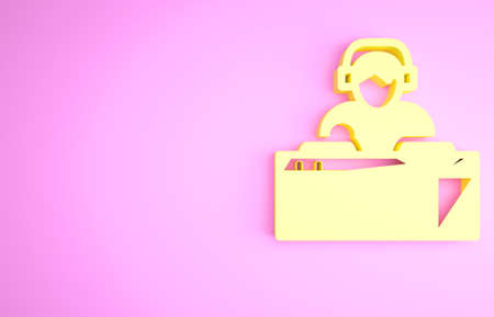 Yellow DJ wearing headphones in front of record decks icon isolated on pink background. DJ playing music. Minimalism concept. 3d illustration 3D renderの写真素材