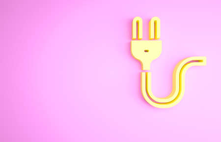 Yellow Electric plug icon isolated on pink background. Concept of connection and disconnection of the electricity. Minimalism concept. 3d illustration 3D renderの写真素材