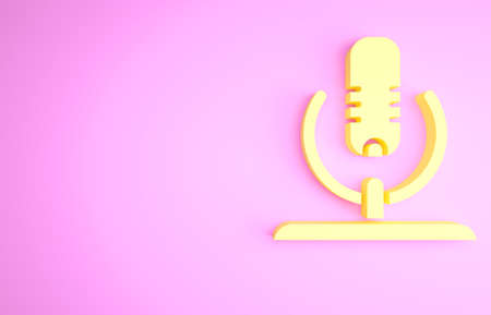 Yellow Microphone icon isolated on pink background. On air radio mic microphone. Speaker sign. Minimalism concept. 3d illustration 3D renderの写真素材