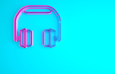 Pink Headphones icon isolated on blue background. Earphones. Concept for listening to music, service, communication and operator. Minimalism concept. 3d illustration 3D renderの写真素材