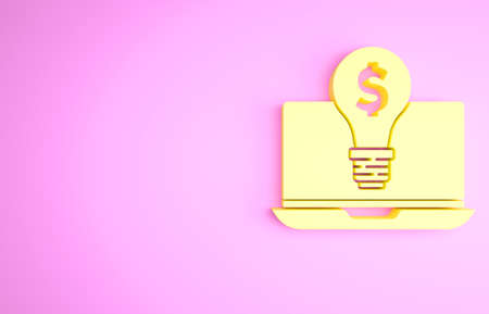 Yellow Business light bulb with dollar on laptop screen icon isolated on pink background. User touch screen. Minimalism concept. 3d illustration 3D renderの写真素材