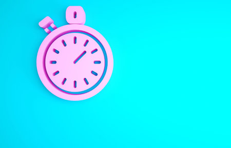 Pink Stopwatch icon isolated on blue background. Time timer sign. Chronometer sign. Minimalism...