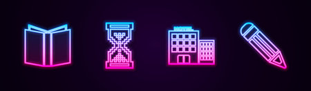 Set line Open book, Hourglass pixel, Hotel building and Pencil. Glowing neon icon. Vector