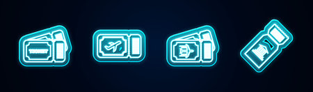 Set line Ticket, Airline ticket, and Museum. Glowing neon icon. Vector
