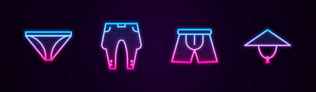 Set line Men underpants, Pants, and Asian conical hat. Glowing neon icon. Vectorのイラスト素材