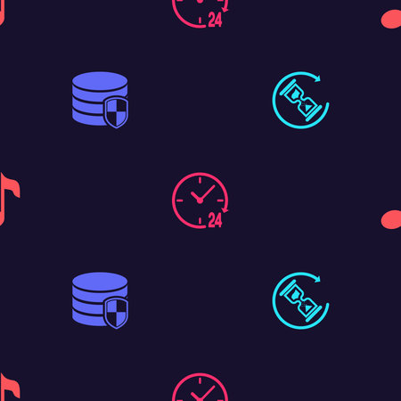 Set Waiting, Database protection, Clock 24 hours and Music note, tone on seamless pattern. Vector