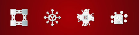 Set Blockchain technology, Distribution, CPU mining farm and ASIC Miner icon. Vector