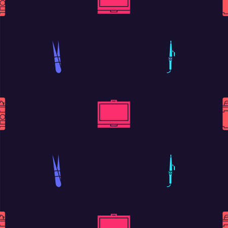 Set Curling iron, Eyebrow tweezers, Makeup powder with mirror and Shaving gel foam on seamless pattern. Vectorのイラスト素材