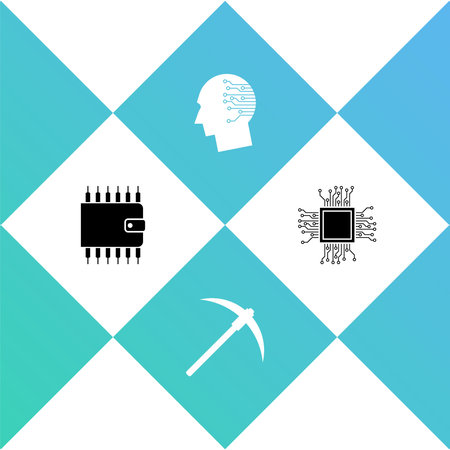 Set Cryptocurrency wallet, Pickaxe, Brain as digital circuit board and Processor icon. Vectorのイラスト素材