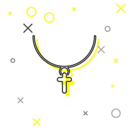 Grey line Christian cross on chain icon isolated on white background. Church cross. Vector Illustrationのイラスト素材