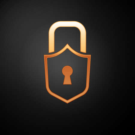 Gold Lock icon isolated on black background. Padlock sign. Security, safety, protection, privacy concept. Vectorのイラスト素材