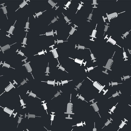 Grey Syringe icon isolated seamless pattern on black background. Syringe for vaccine, vaccination, injection, flu shot. Medical equipment. Vectorのイラスト素材