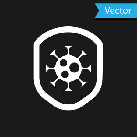 White Shield protecting from virus, germs and bacteria icon isolated on black background. Immune system concept. Corona virus 2019-nCoV. Vector.のイラスト素材