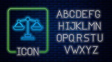 Glowing neon Scales of justice icon isolated on brick wall background. Court of law symbol. Balance scale sign. Neon light alphabet. Vector.のイラスト素材