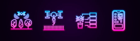 Set line Smart farm with drone, , Flower analysis and control farming system. Glowing neon icon....