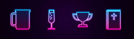 Set line Coffee cup, Glass champagne, Trophy and Holy bible book. Glowing neon icon. Vectorのイラスト素材