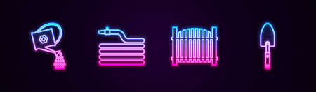 Set line Watering can, Garden hose or fire hose, fence and trowel spade shovel. Glowing neon icon. Vectorのイラスト素材