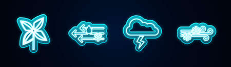 Set line Pinwheel, Wind and rain with snow, Storm and . Glowing neon icon. Vectorのイラスト素材